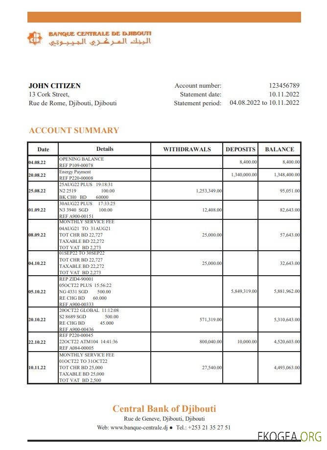 Djibouti Déclaration de la Banque centrale de Djibouti xls
